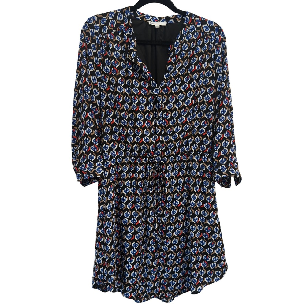 DR2‎ Size Large Shirt Dress Blue Red Black Geometric Print Elastic Waist Lined